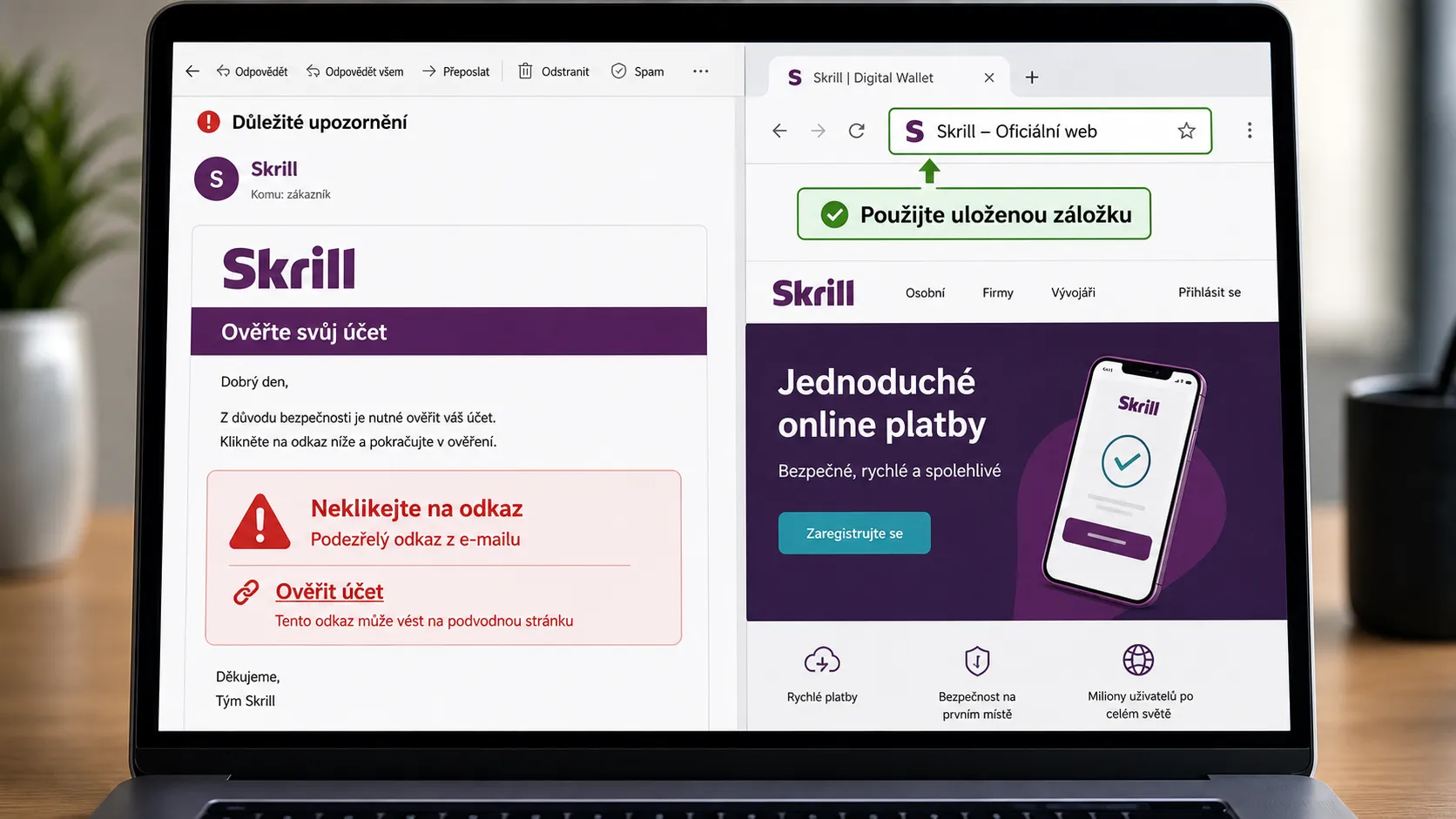 Skrill podvodnými zprávami a falešnými stránkami Email